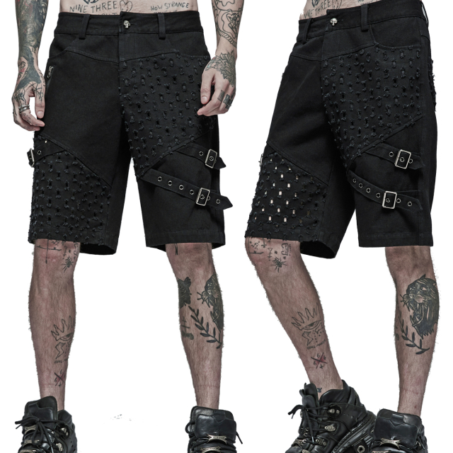 PUNK RAVE Gothic-Shorts (WK-501BK) aus schwarzem Denim mit Riemen und Schnallen sowie symmetrisch eingerissenen Löchern.