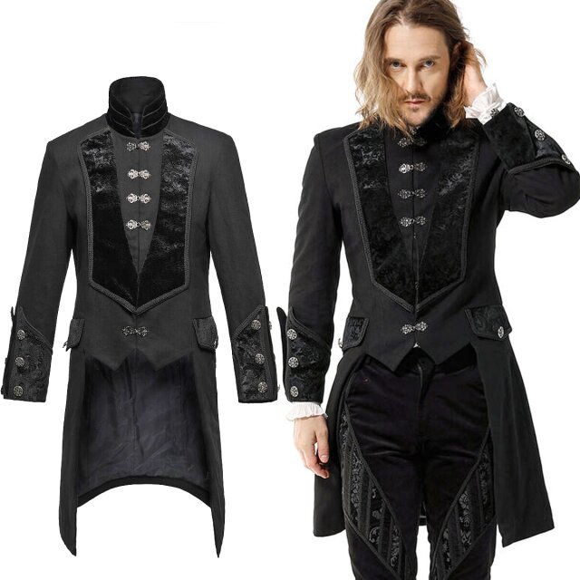 Eleganter Gothic-Gehrock mit viktorianischen Details. Revers und Umschlagmanschetten aus Samt mit geprägtem Rankenmuster, barock-verzierte Hakenschließen und Pattentaschen