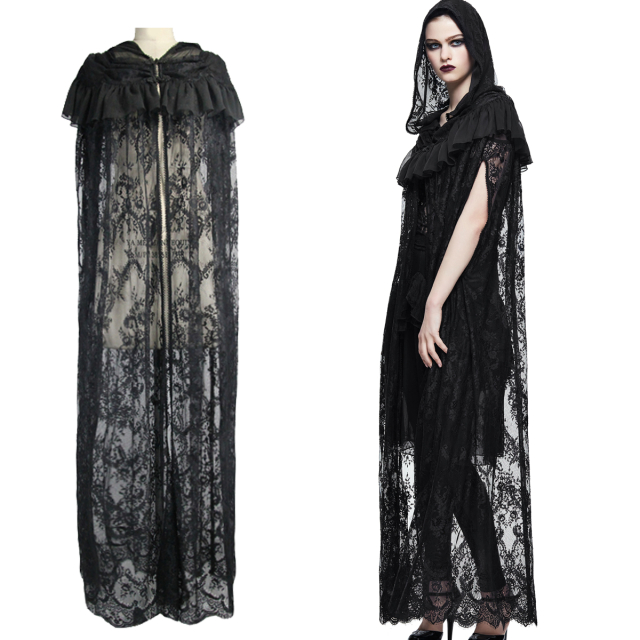 Devil Fashion long lace cape (CA009) with large hood and chiffon flounce on the upper body similar to a cape collar and fairytale waves at the hem