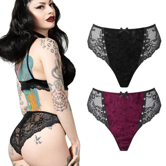 KILLSTAR Pin Stuck Panty made of soft velvet with delicate lace. Decorated with narrow straps in leather-look with studs. In two colour options: plain black or red-black.