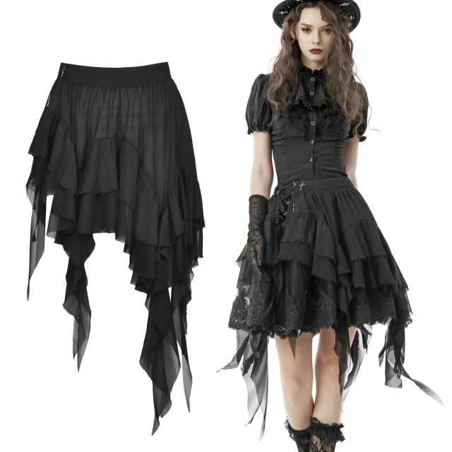 Dark In Love Fringed Mini Skirt (KW218) / Overskirt asymmetrically cut with diagonal flounces made of two different materials and cheeky lacing on the side