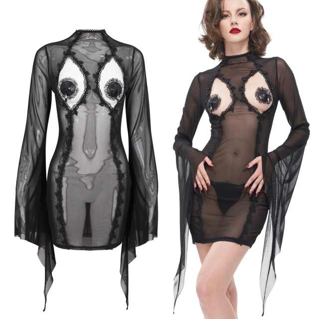 Sinnliches Eva Lady Kleid (ESX006) an der Brust offen aus transparentem Mesh mit romantischen Spitzenborten und mit schwarzen Perlen besetzt. Überlange spitz-zulaufende Trichterärmel. Inklusive Nipple Pasties.