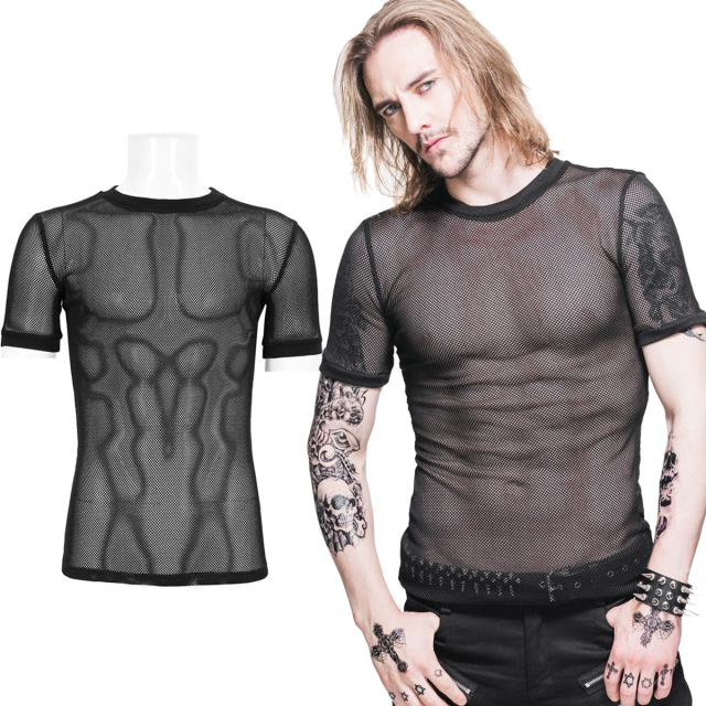 Devil Fashion Herren-T-Shirt (TT039) aus schwarzem elastischem Netz mit Rundhalsausschnitt und angesetzten elastischen Bündchen.