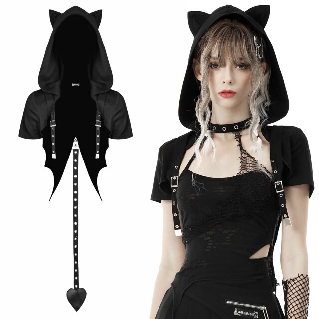 Schwarzes, super elastisches Dark in Love Bolero (BW101) mit Kapuze mit kleinen spitzen Öhrchen, einem Saum in Fledermausflügelform und einem langen abnehmbaren Teufelsschwanz mit Herz aus Kunstleder.
