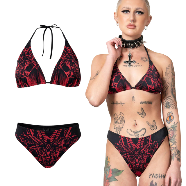 KILLSTAR Beast Babe Triangle Gothic Bikini in schwarz mit rotem Baphomet-Print auf der Front