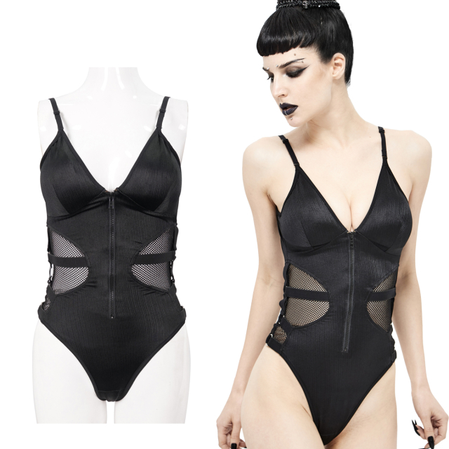 Devil Fashion schwarzer Techwear Badeanzug (SST013) mit seitlichen Netzeinsätzen, symmetrisch angebrachten elastischen Bändern sowie O-Ringen und einem schwarzen Reißverschluss vorne.