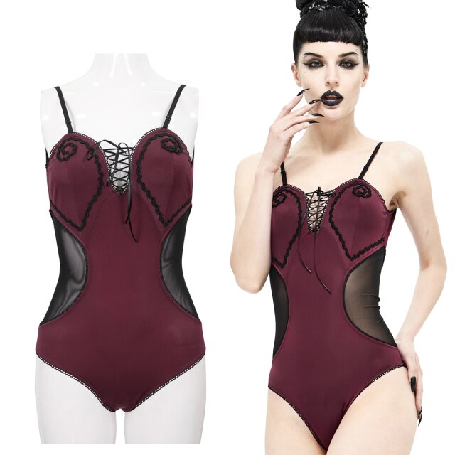 Dunkelromantischer Devil Fashion Gothic Badeanzug (SST015) in elegantem weinrot mit schwarzen Akzenten, verspielten Borten und frecher Schnürung am Dekolleté