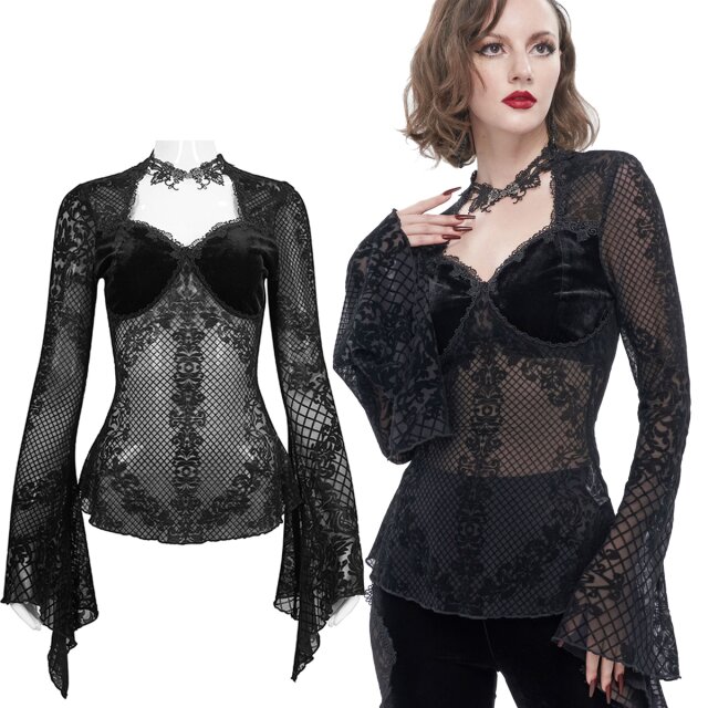 Hip-length dark romantic gothic shirt (ETT029) by Eva Lady made of semi-transparent mesh with baroque ornament flocking, cups made of black velvet and attached lace collar. Long flared trumpet sleeves.