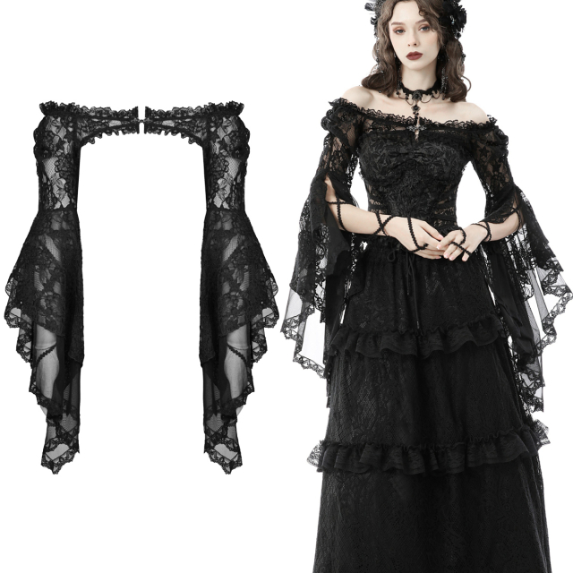 Dark in Love Victorian Goth Bolero Jacket (BW103) in delicate lace with impressive multi-layered trumpet sleeves as well as large boat neckline and sophisticated lacing around the arms.