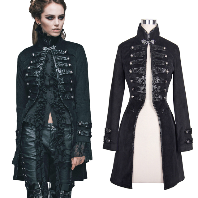 Gothic-Gehrock mit einem Hauch Uniform-Charakter (CT021) für Damen außergewöhnlich geschnitten mit hoch geschlossenem Kragen und nach unten sich öffnendem Schnitt mit Gadgets aus beflocktem Kunstleder.