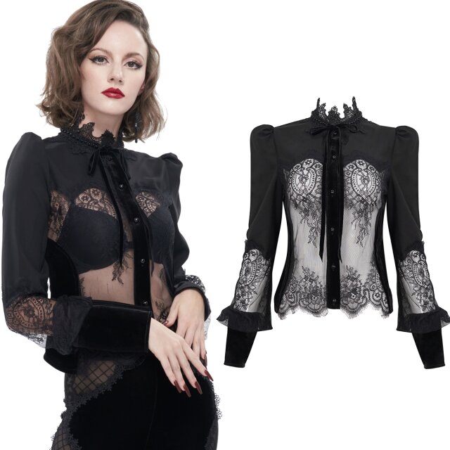 Taillierte Eva Lady Bluse (ESHT011) mit transparentem Spitzeneinsatz vorne und bauschigen Bischofsärmeln, Stehkragen aus Wellenspitze mit zartem Samtband.