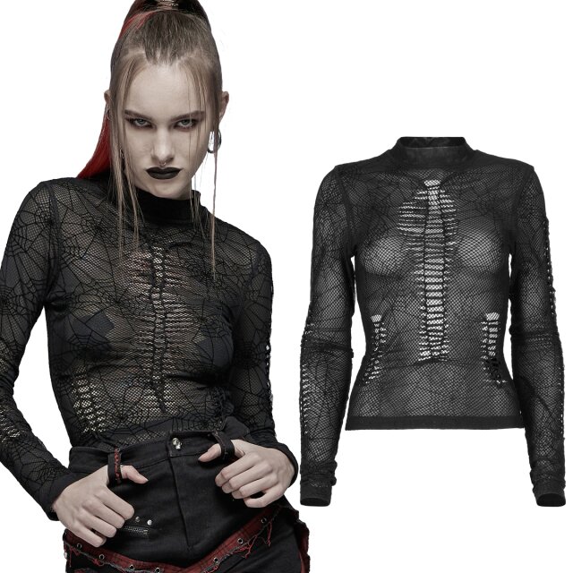 PUNK RAVE Langarm-Shirt (WT-695BK) aus zweilagigem Mesh mit Spinnennetz-Beflockung und kunstvollen Rissen und Knoten