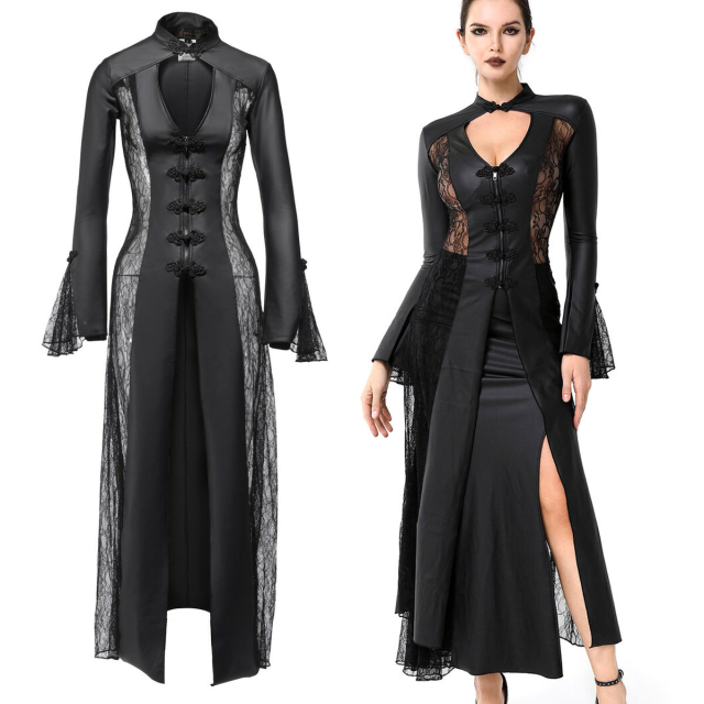 Seductive long dress-coat made of cool wetlook material in leather optics and fine floral lace with elaborate trimmed fastenings and deep neckline below the stand-up collar.