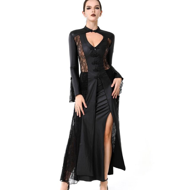 Langer Wetlook Kleidmantel Hera mit Spitzeneinsätzen XL