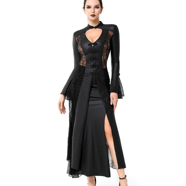 Langer Wetlook Kleidmantel Hera mit Spitzeneinsätzen XL