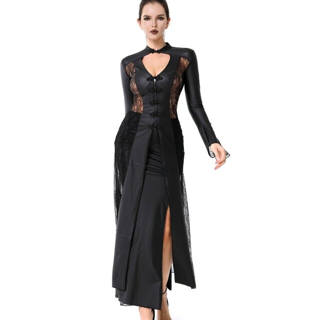 Langer Wetlook Kleidmantel Hera mit Spitzeneinsätzen XL
