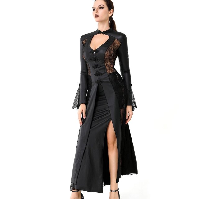 Langer Wetlook Kleidmantel Hera mit Spitzeneinsätzen XL