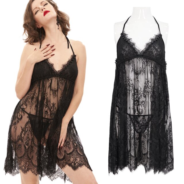 Devil Fashion Babydoll aus schwarzer Wimpernspitze mit Neckholder und hinten keck geschlitzt mit zauberhaft romantischen schwarzen Perlen am Ausschnitt