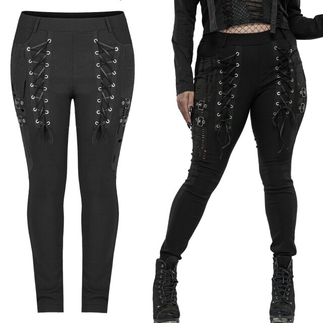 Punkige Super-Stretch-Hose (DK-515BK) aus der PUNK RAVE Plus Size Kollektion im Heavy Metal Look mit Schnürungen und Schnallen sowie Einsätzen in zerfetztem Destroyed Look