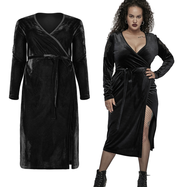 Midi wrap dress (DQ-583BK) in soft velvet from the Punk Rave Plus Size collection with romantic lace inserts on the upper arms
