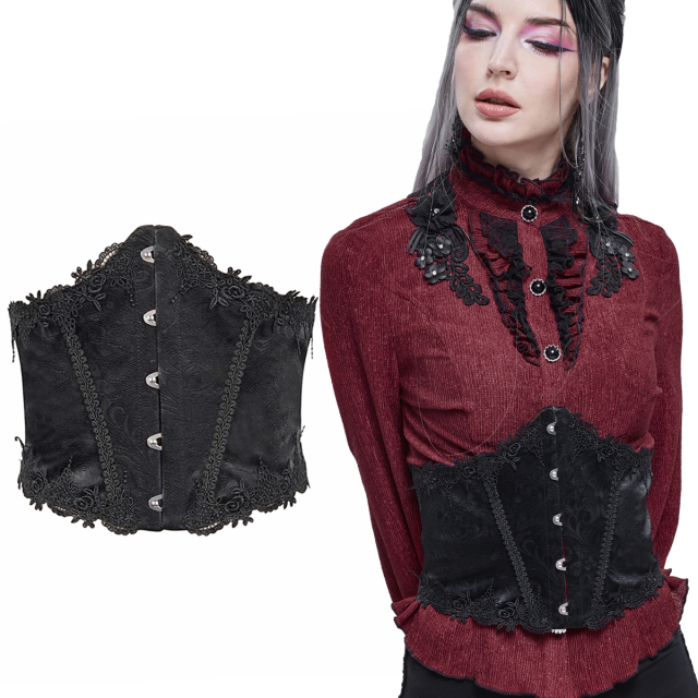 Devil Fashion faux leather corsage belt (AS092) with an embossed pattern of vines and leaves and intricate lace trims at the hem and corset lacing at the back.