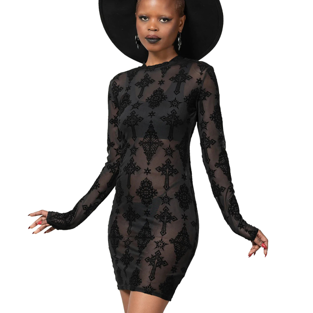 KILLSTAR Alter Mesh Bodycon Dress - semi-transparent tight-fitting mini dress with long sleeves. Fine mesh material with a fluffy flocking of baroque ornaments and opulently decorated crosses.