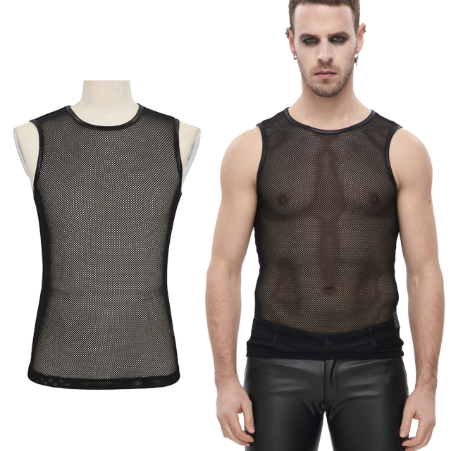 Devil Fashion Mens Tank Top (TT19701) made of black elastic mesh with edged neckline and armholes