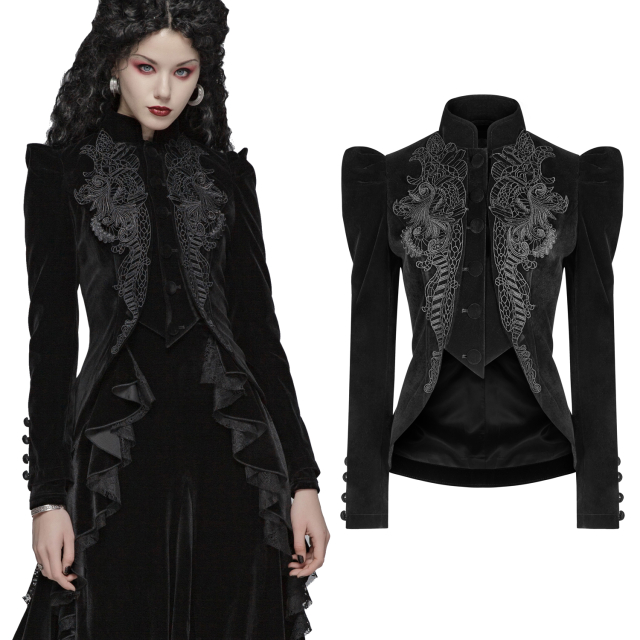 PUNK RAVE WY-1045 Gothic velvet jacket with an imitation waistcoat, puffed sleeves and elegant lace ornament on the chest. Available in plain black or red with black lace