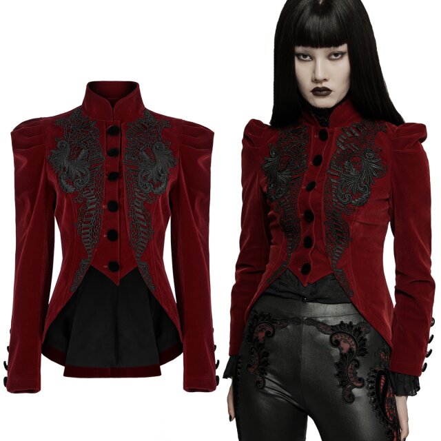PUNK RAVE WY-1045 sGothic-Samtjacke mit angedeuteter Weste, Puffärmeln und edlem Spitzenornament auf der Brust. Whlweise in uni-schwarz oder rot mit schwarzer Spitze