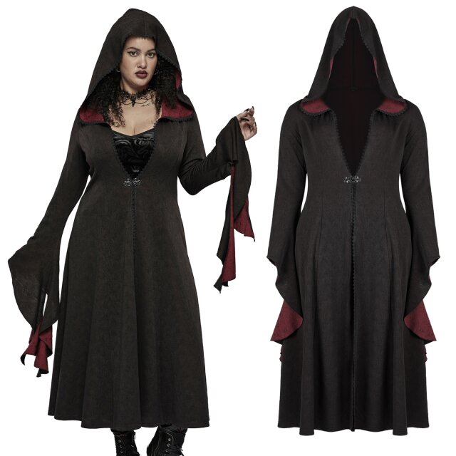 Lightweight PUNK RAVE coat DY-1404 in blood red on the inside and black on the outside with large hood, fairytale cascade tips at the flared trumpet sleeves and large crochet lace appliqué on the back.