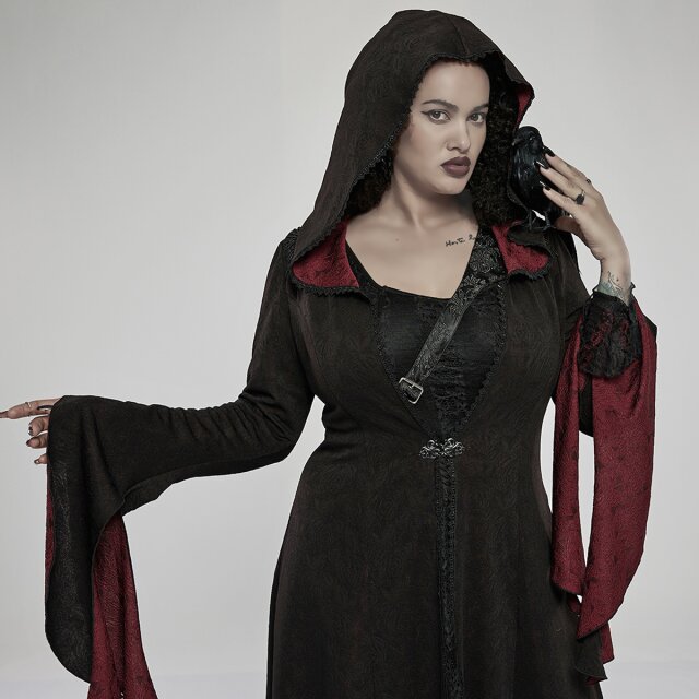 Long black and red PUNK RAVE coat Fairytale with hood