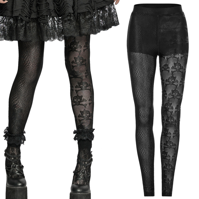 Black slightly transparent PUNK RAVE leggings WK-521 with one leg in snakeskin pattern and the other leg with woven in skulls