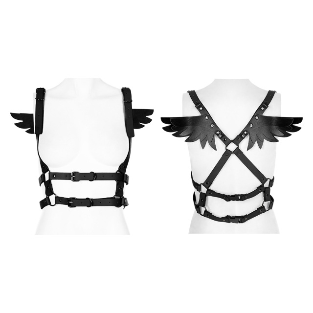 Black Punk Rave Upper Body Harness (WS-504BK) made of faux leather with small angel wings on the upper back, straps running diagonally on the back and in the waist double row strap in belt optics.