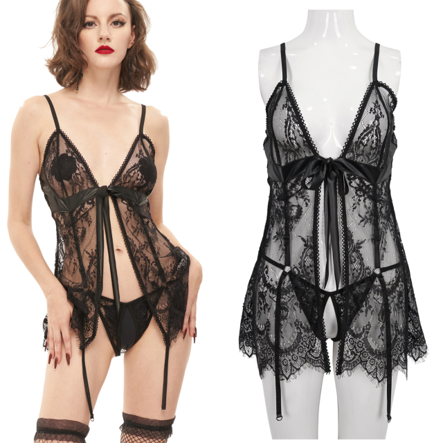 Devil Fashion Lingerie Set (SX006) consisting of a lace chemise in babydoll cut with attached crotchless panties.