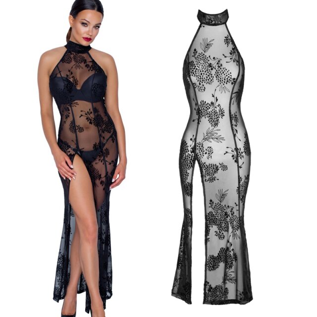 Long figure-hugging Noir Handmade halterneck dress (F239) made of transparent mesh with velvety flock pattern of vines, flowers and leaves