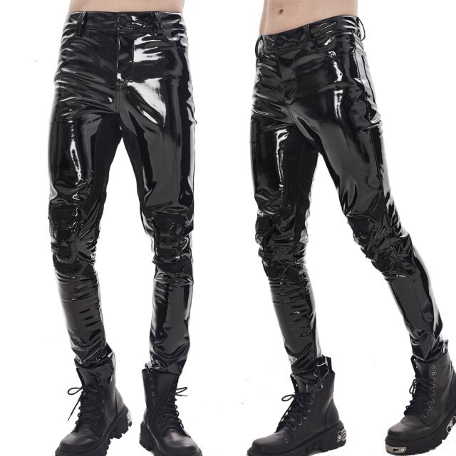 Devil Fashion Herren-Lackhose (PT127) in einem slim fit 5-Pocket-Schnitt mit futuristischem Netz-Aufsatz an den Schenkelinnenseiten und den Knieen im Stil von cybereskem Gelenk.