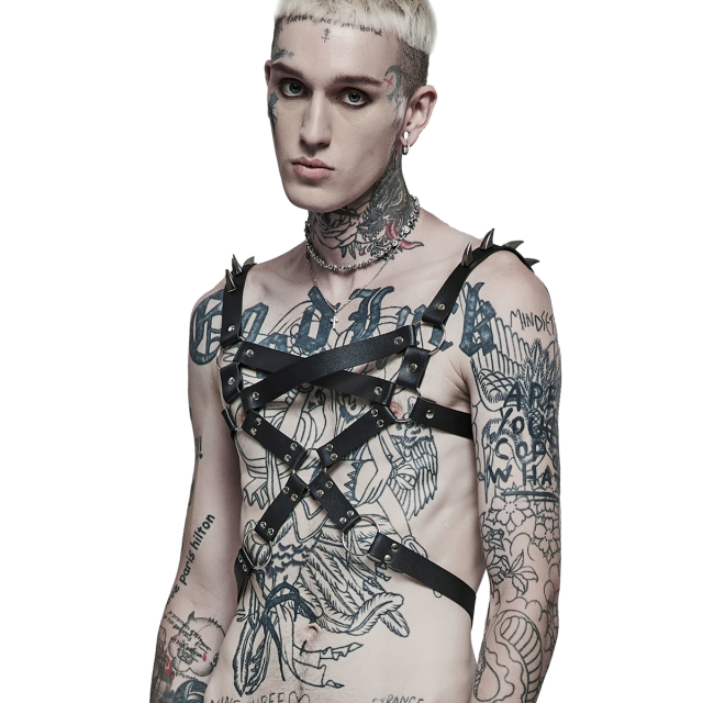 PUNK RAVE faux leather upper body harness (WS-494BK) with silver coloured studs and o-rings and shark tooth like studs on the shoulder straps.