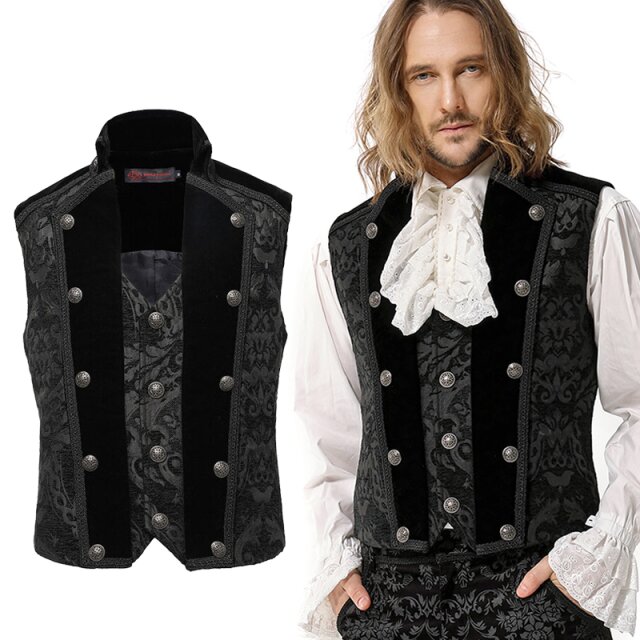 Victorian Goth schwarze Brokatwese, klassisch kurz geschnitten mit einem Deko-Revers aus Samt. Passe aus Samt und Rücken aus schwerem Brokat.