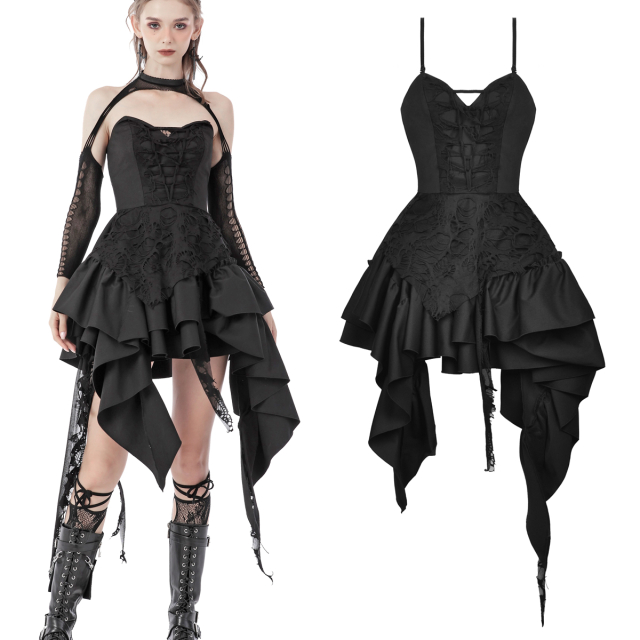 Dark In Love Gothic Volant-Minikleid (DW672) mit Korsagentop sowie langen Fransen und asymmetrisch aufgesetztem Destroyed Material. Ein voluminöses Gothic Prom Kleid mit schmalem Träger-Top.