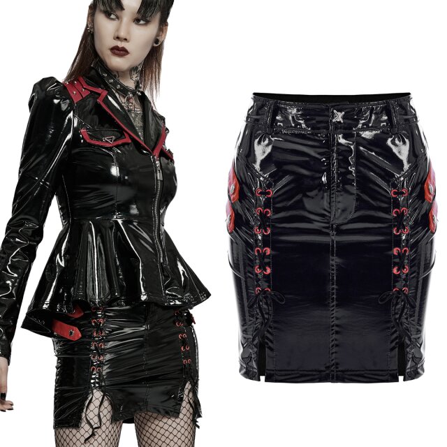 PUNK RAVE gothic uniform mini skirt (DQ-578BK-RD)  in shiny black vinyl with red accents. Front with laced slits with red studs, side with red faux leather decorative straps.