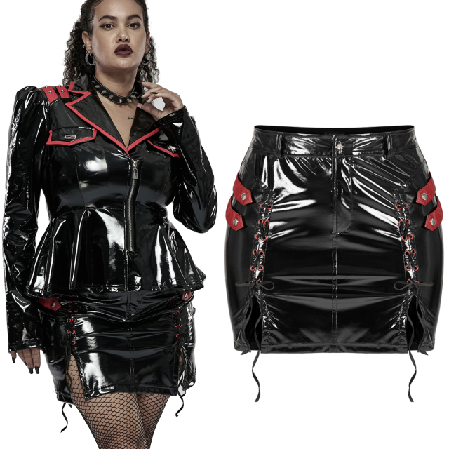 PUNK RAVE gothic uniform mini skirt (DQ-578BK-RD)  in shiny black vinyl with red accents. Front with laced slits with red studs, side with red faux leather decorative straps.