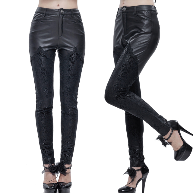 Devil Fashion ladies trousers (PT157) with super-elastic faux leather and trouser legs in overknee look made of velvety stretch material with pattern in lace look