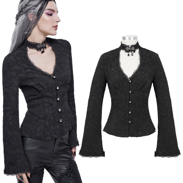 Devil Fashion Gothic Shirt (SHT078) - Bluse mit angesetztem Choker sowie tiefem V-Ausschnitt mit Spitzenborte und dezent ausgestellten Ärmeln.