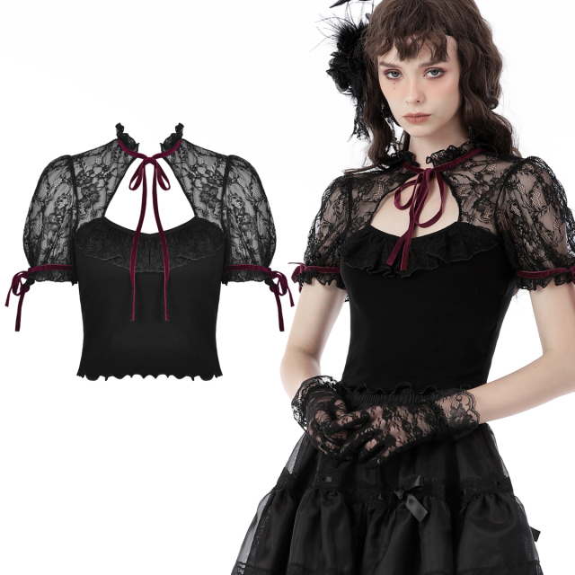 Dark In Love short-sleeved goth top (TW432) with shoulder section and short puff sleeves in lace, large cut-out on the neckline and red velvet ribbon on the narrow stand-up collar and puff sleeves. Soft, elastic jersey.