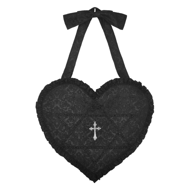 Dark In Love Gothic shoulder bag (ABG002) in heart shape made of soft jacquard with brocade pattern. Front with sewn-on border in the shape of a hexagram with a large silver cross in the centre.