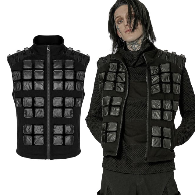 PUNK RAVE waistcoat WY-1448BK made of black denim with square faux leather applications in cyber goth look at the front. Elaborate shoulder pieces with straps and deco clips in tech-wear style.