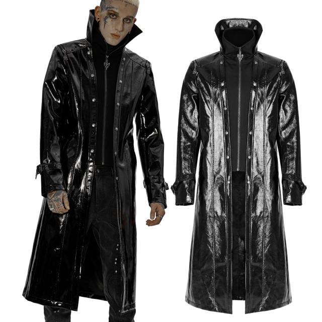 PUNK RAVE gothic coat (WY-1447DQM BK) made of shiny patent faux leather with high collar, soft jersey insert in waistcoat style at the front, straps, studs and slit at the back