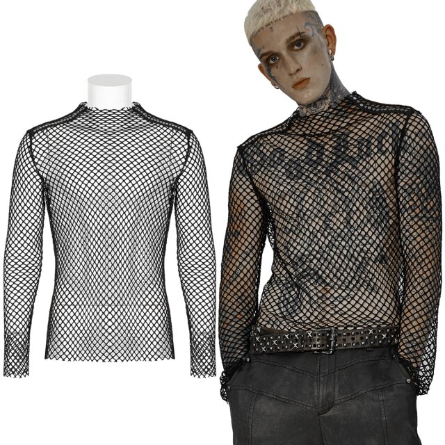 PUNK RAVE Longsleeve aus grobem Fishnet (WT-756BK) mit hohem angeschnittenen Kragen und schmalen, nietenbesetzten Bändern auf den Schultern.