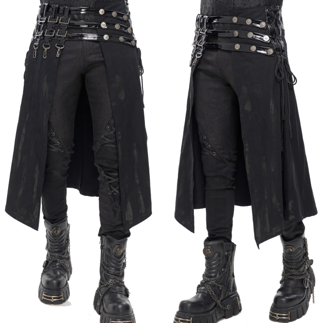 Devil Fashion half skirt / kilt (SKT148) in apocalyptic cyber goth style made of stained denim with wide waistband and straps in cool PVC.