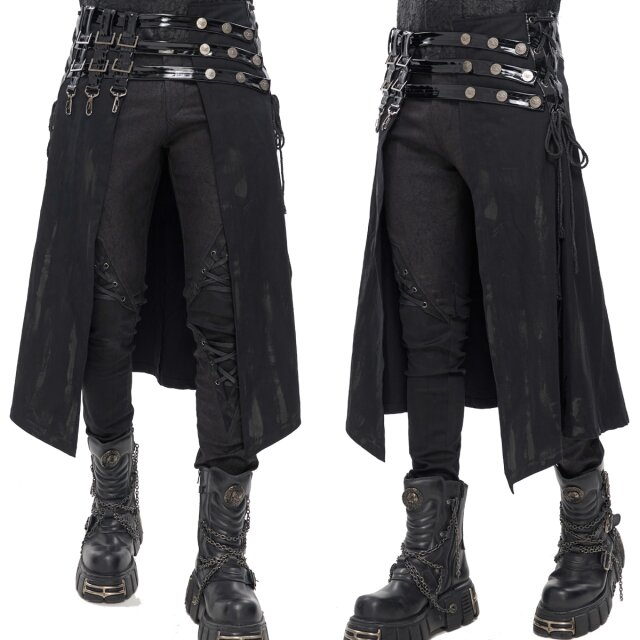 Devil Fashion Halb-Rock / Schurz / Kilt (SKT148) in apokalyptischem Cyber Goth Styling aus fleckigem Denim mit breitem Bund und Riemen aus kühlem Lack.